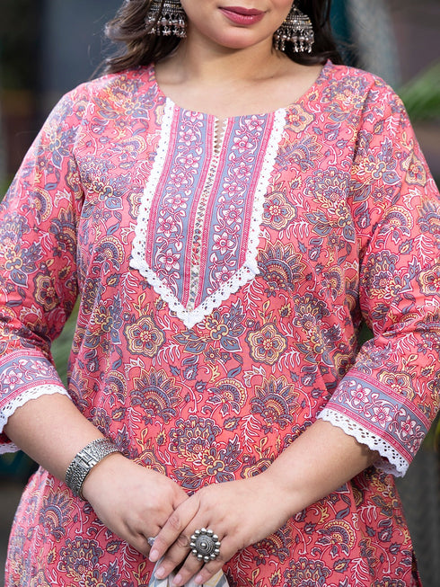Women Plus Size Peach Pure Cotton Kurta Set With Dupatta
